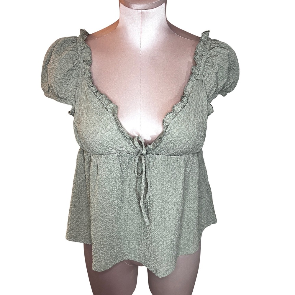 Sugarkiss Sage Green Textured Peplum Peasant Top Medium Tie Front Babydoll